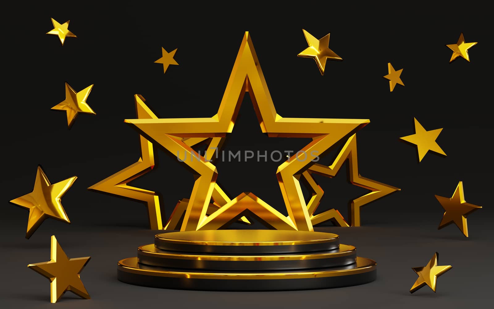 Black podium and edge of gold with 3 big gold star on black background. Award podium star gold. contest stage.