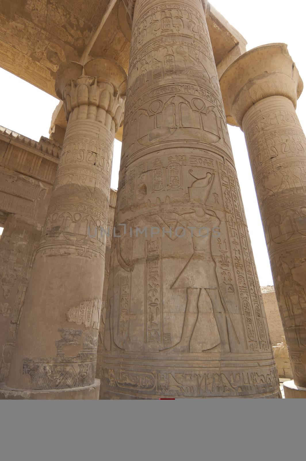 Columns at the Temple of Kom Ombo in Egypt with hieroglyphic carvings