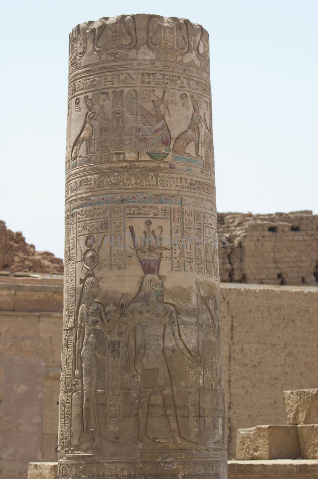 Column at the Temple of Kom Ombo in Egypt with hieroglyphic carvings