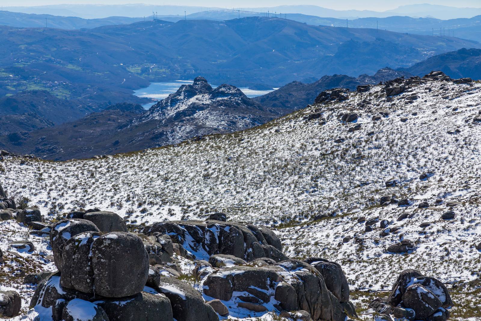 Winter landscape with snow in mountains of Serra do Xures natural park, Galicia, Spain