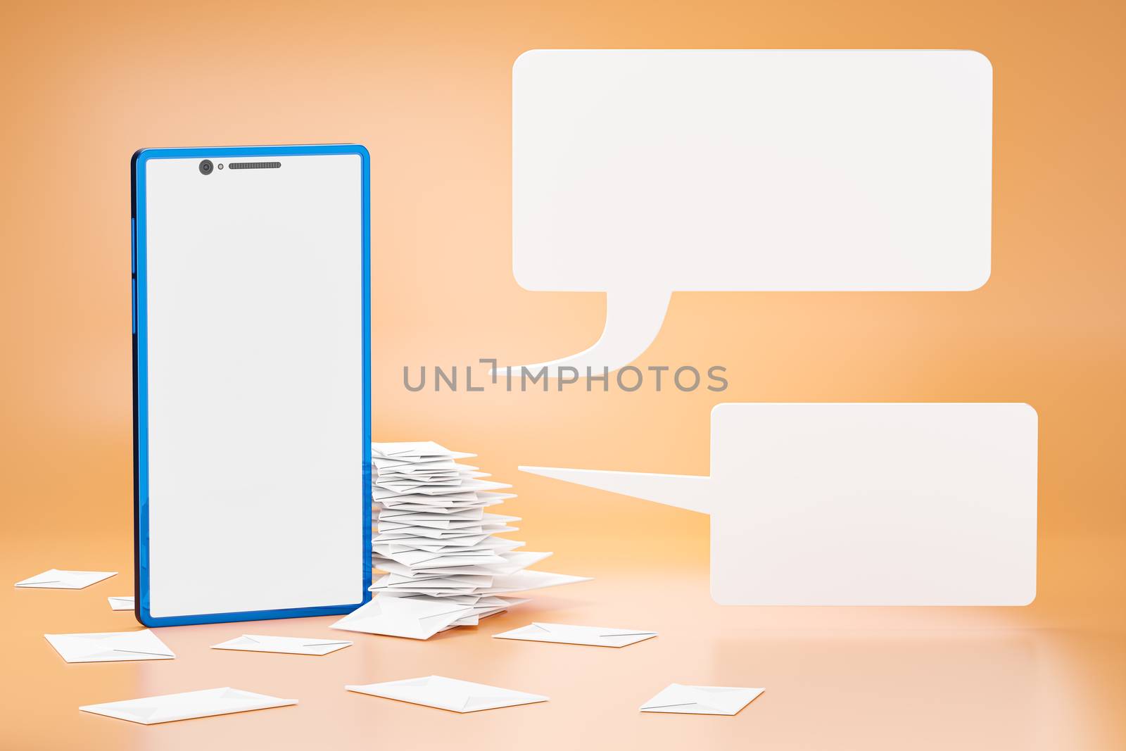 Many stacks of letters in the envelopes are placed beside the blue smartphone and there is a white chat box in front of the cell phone. Concepts of communication by email. Realistic 3D rendering.