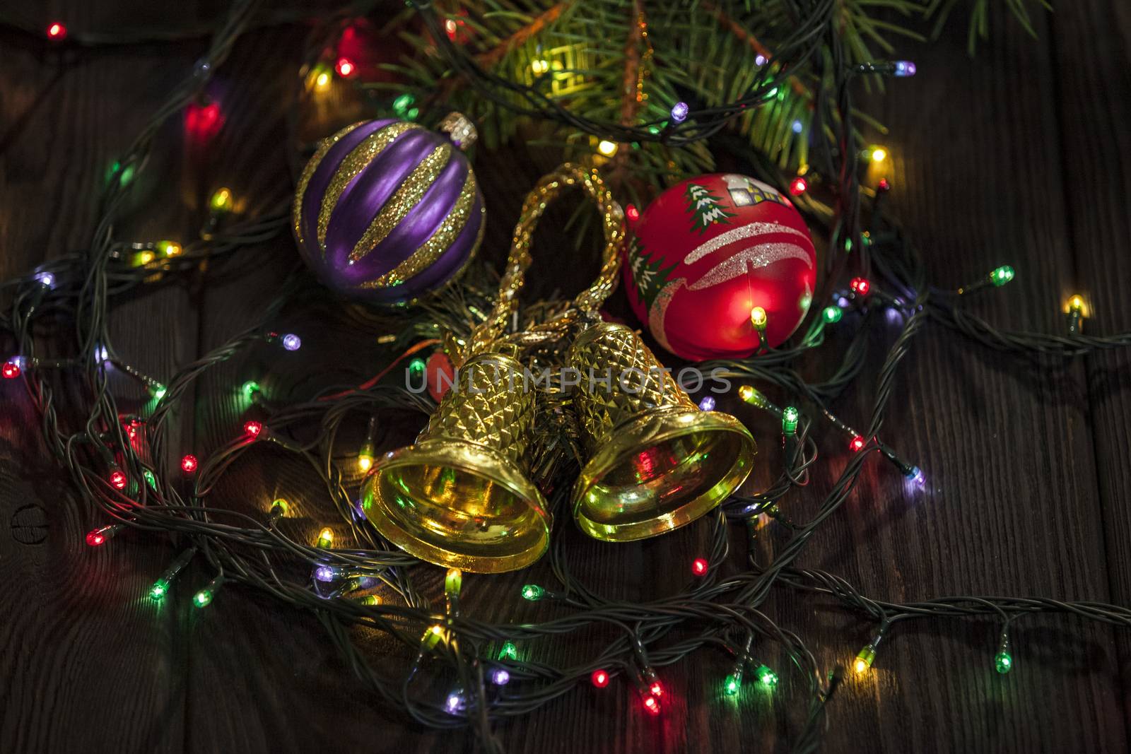 Christmas decoration with fir branches and lights