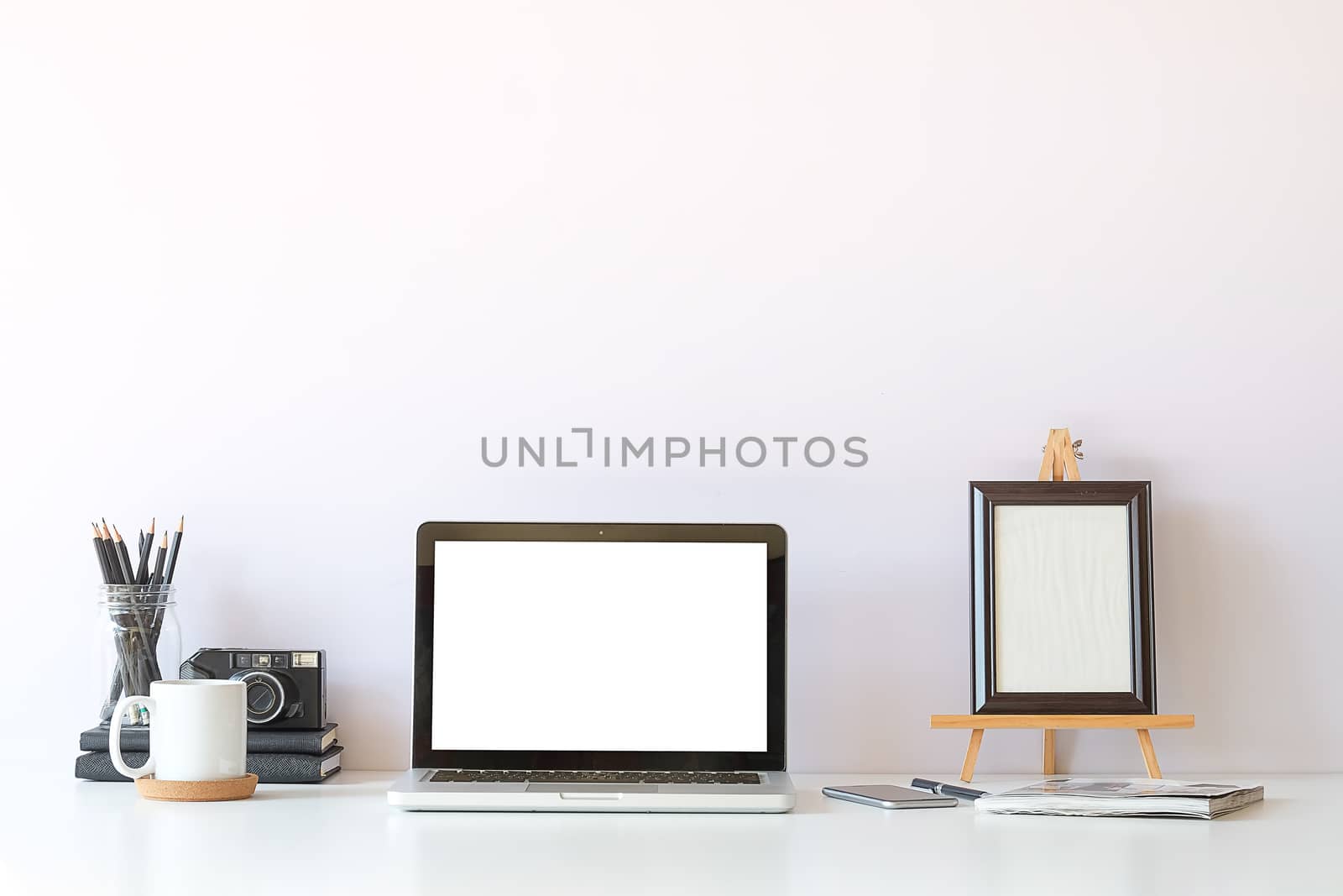 Workspace desk and laptop. copy space and blank screen. Business image, Blank screen laptop and supplies.