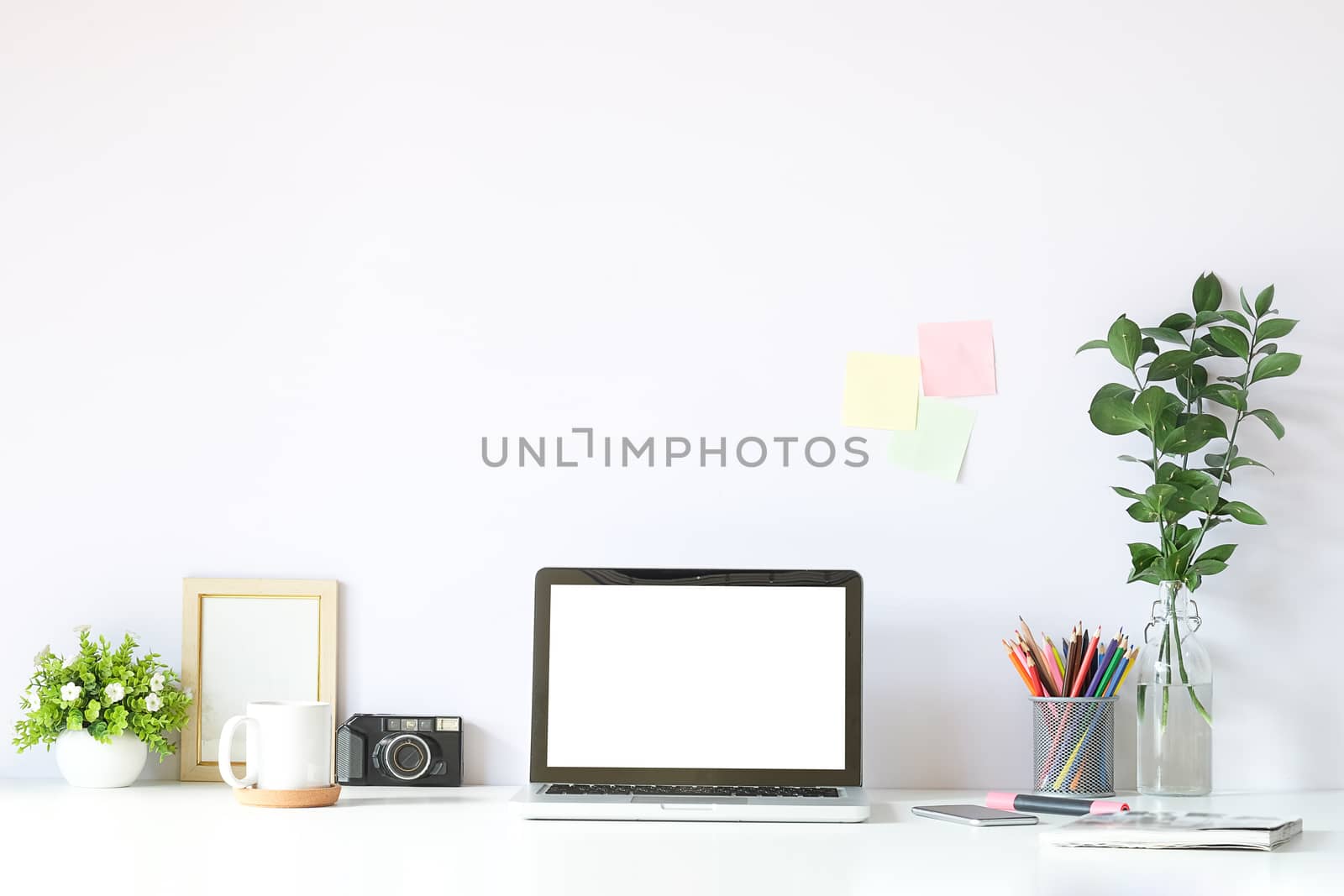 Workspace desk and laptop. copy space and blank screen. Business image, Blank screen laptop and supplies.