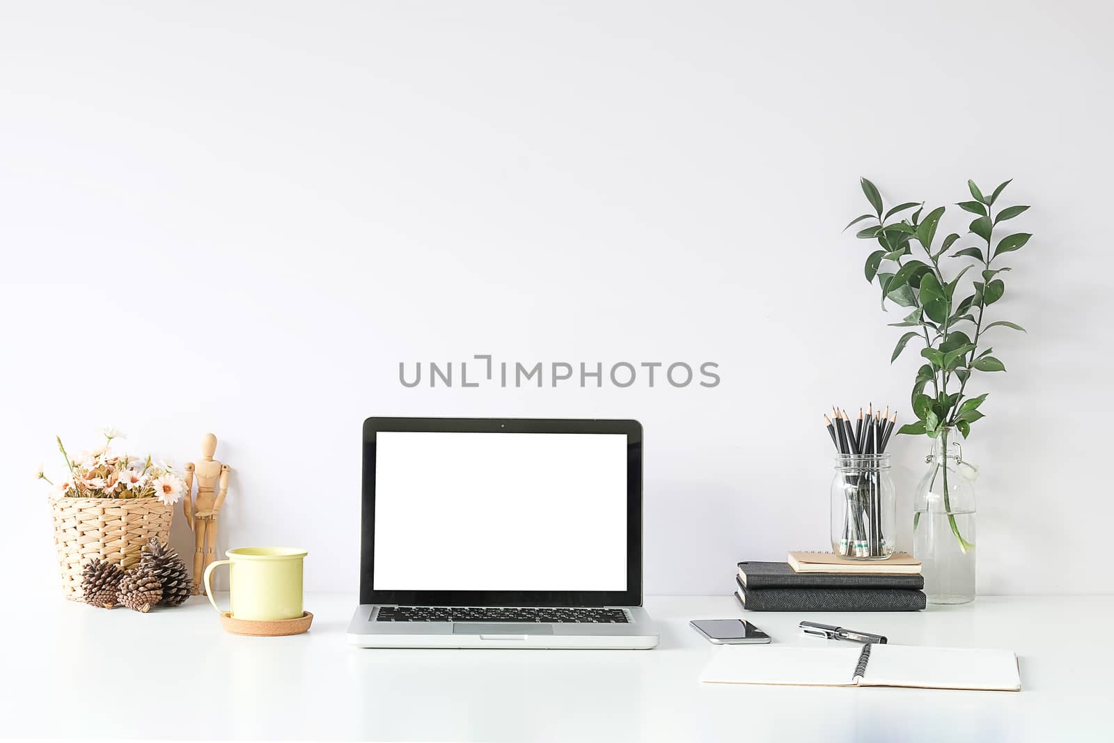 Workspace desk and laptop. copy space and blank screen. Business image, Blank screen laptop and supplies.