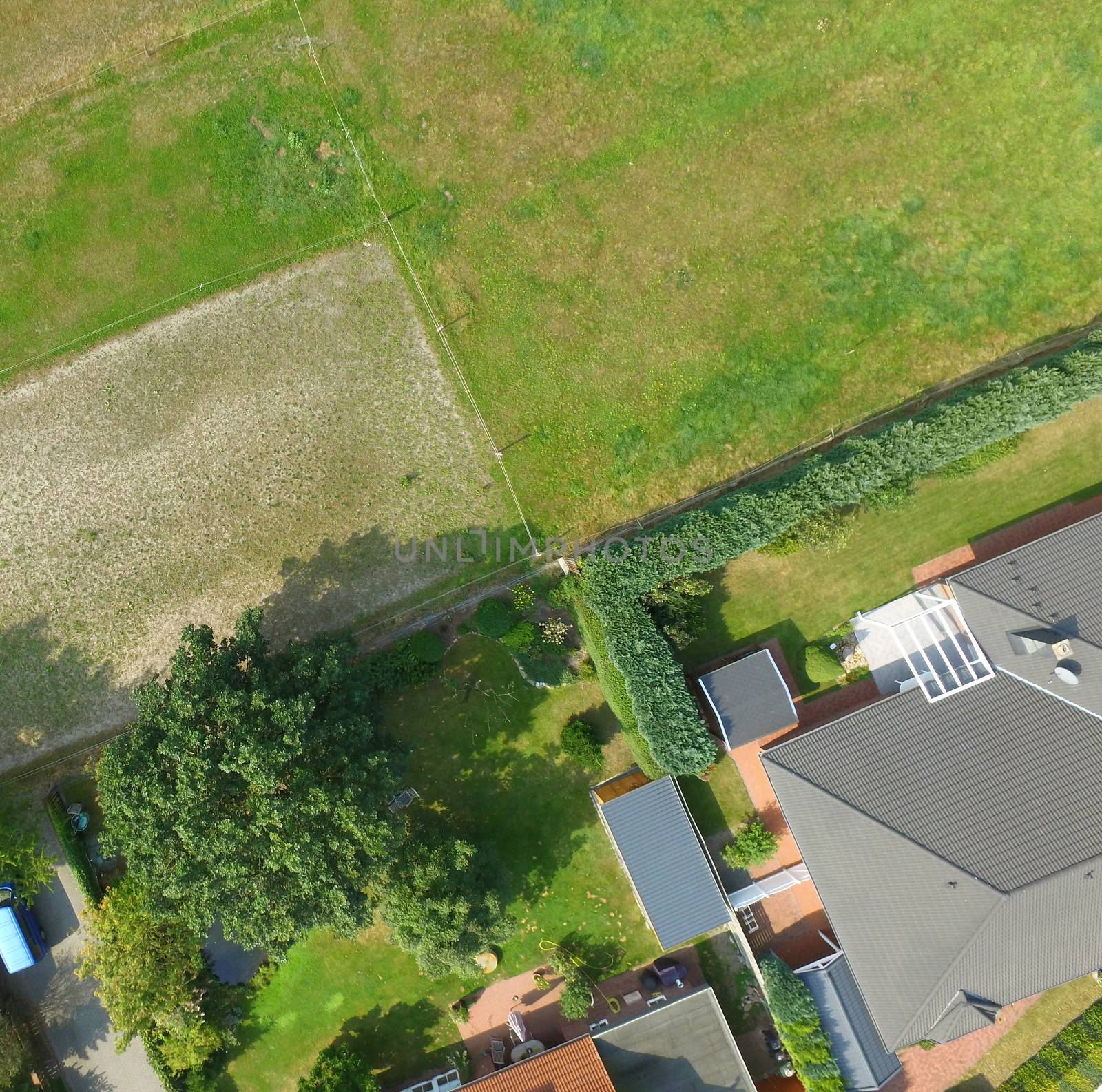 Plots with a meadow, a lawn, a detached house and a terraced house adjoin at one point, plot boundaries look like an abstract cross. by geogif