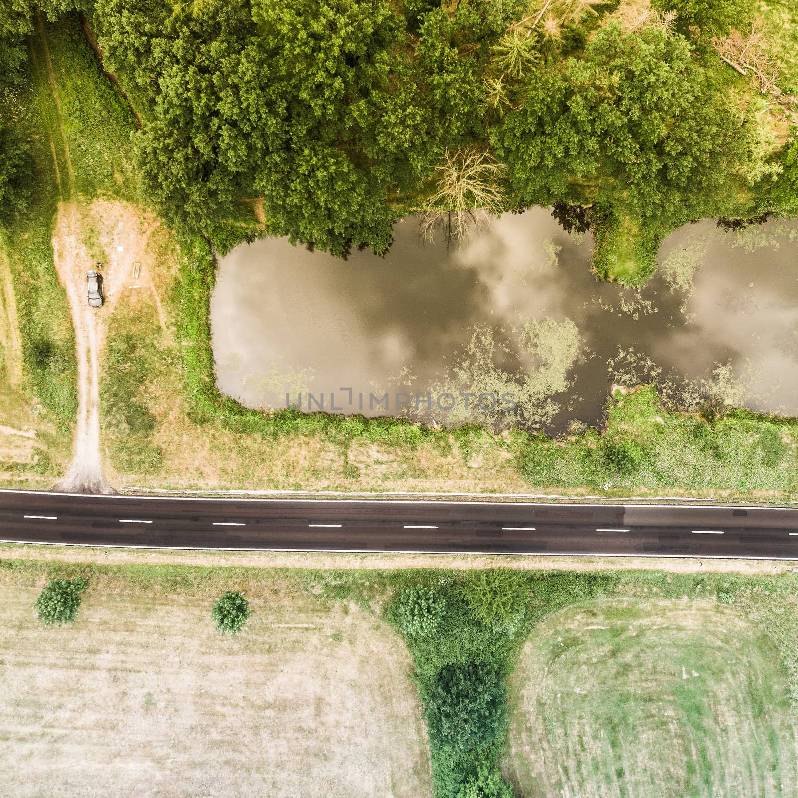 Aerial view of a small pond parallel to a country road in Saxony-Anhalt with fields and forests in the surrounding area by geogif