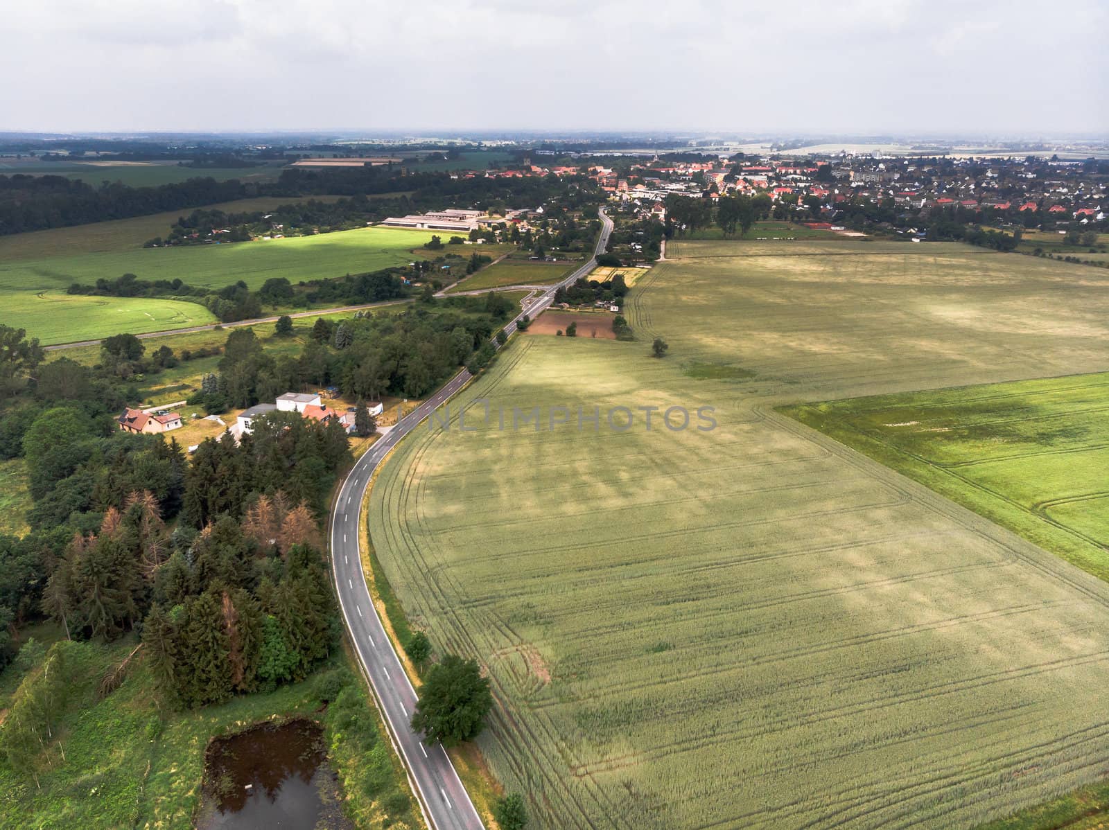 Aerial view of a village suburb in the rural area of Saxony-Anhalt, made with drone