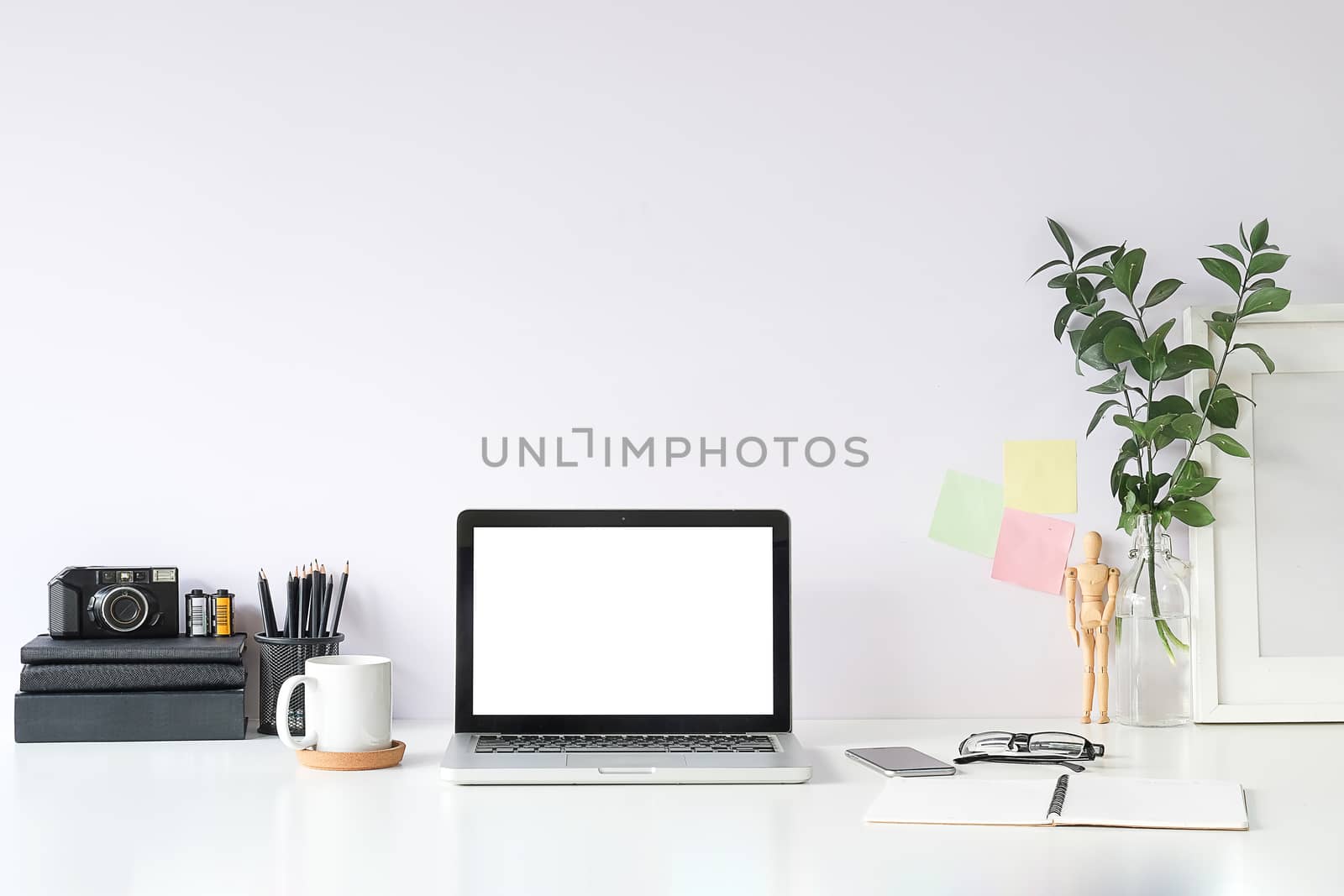 Workspace desk and laptop. copy space and blank screen. Business image, Blank screen laptop and supplies.