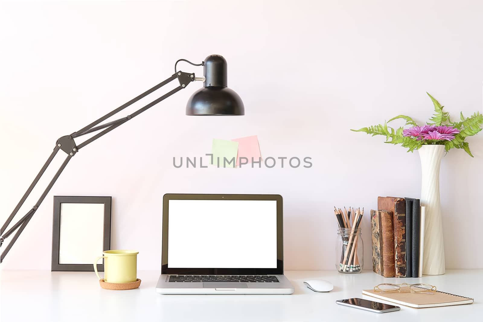 Workspace desk and laptop. copy space and blank screen. Business image, Blank screen laptop and supplies.