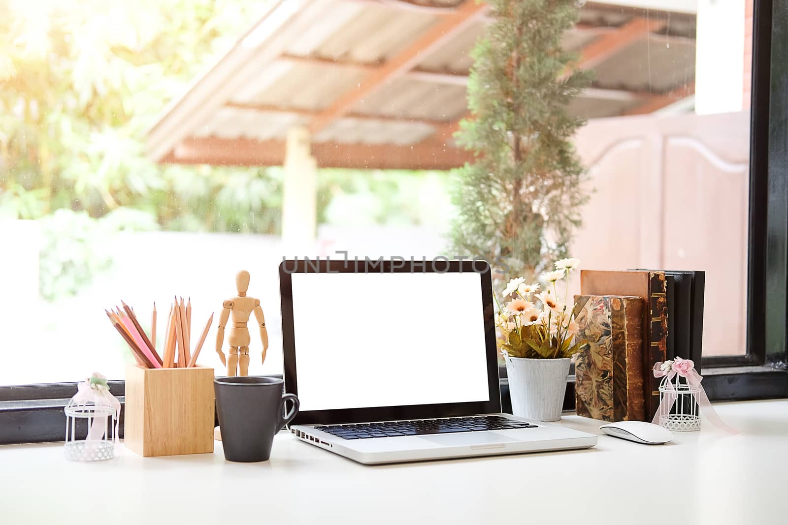 Office Workspace desk and laptop. copy space and blank screen. B by wattanaracha