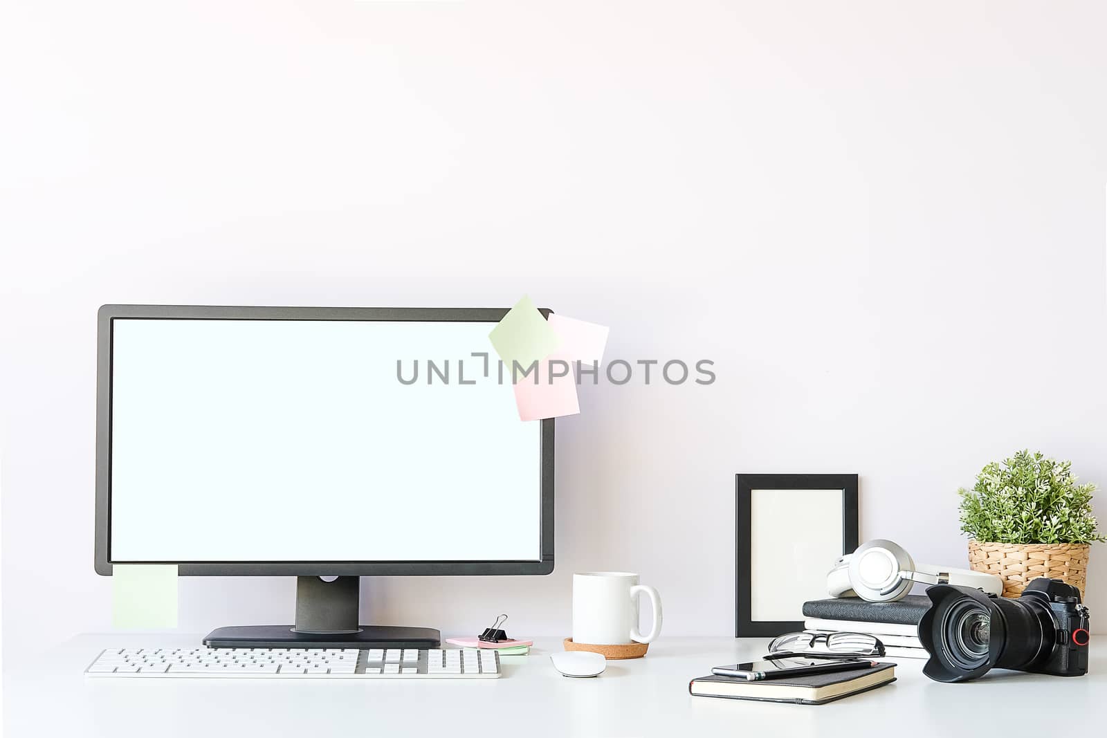 Workspace desk and laptop. copy space and blank screen. Business image, Blank screen laptop and supplies.