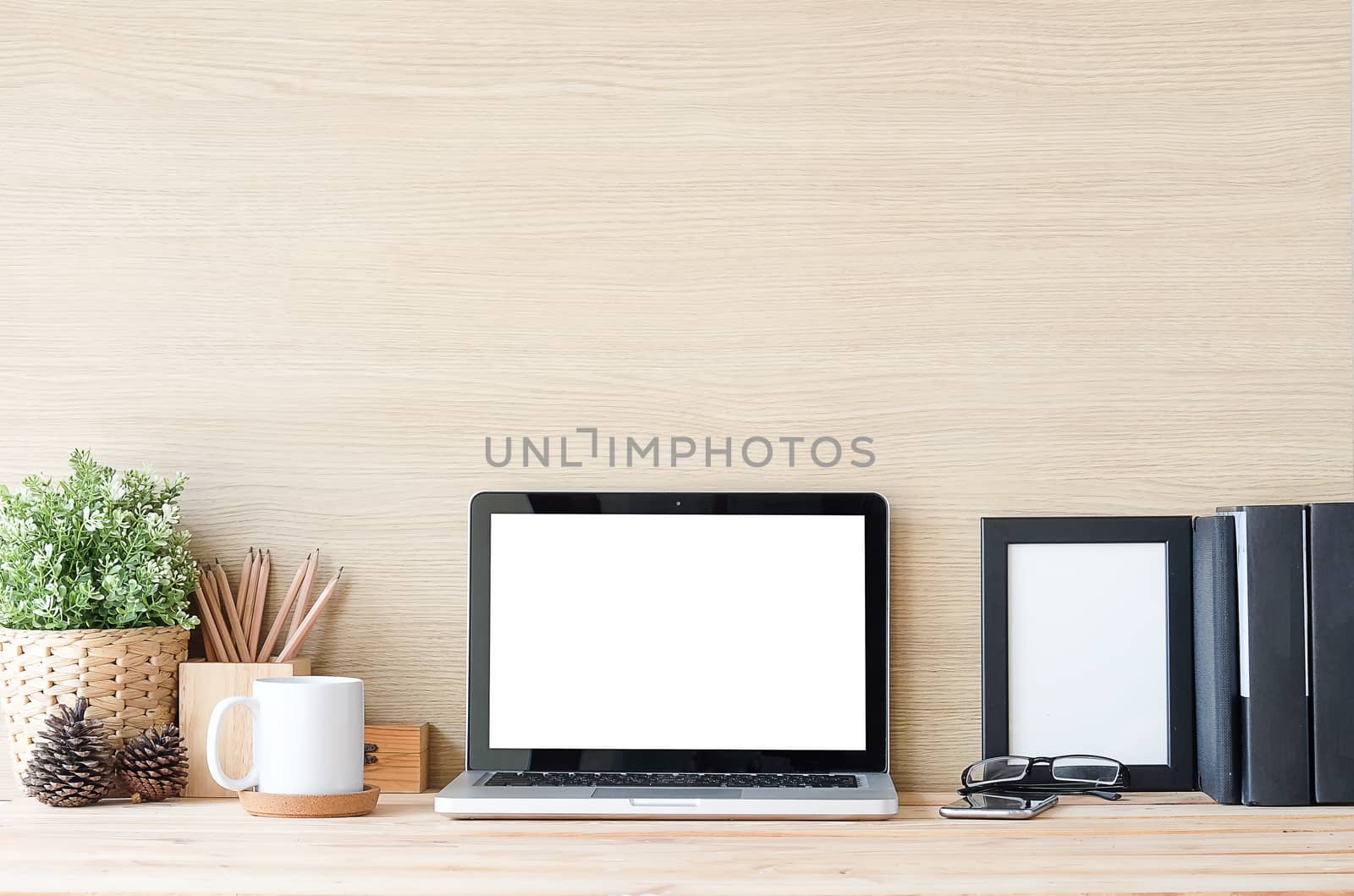 Workspace desk and laptop. copy space and blank screen. Business image, Blank screen laptop and supplies.