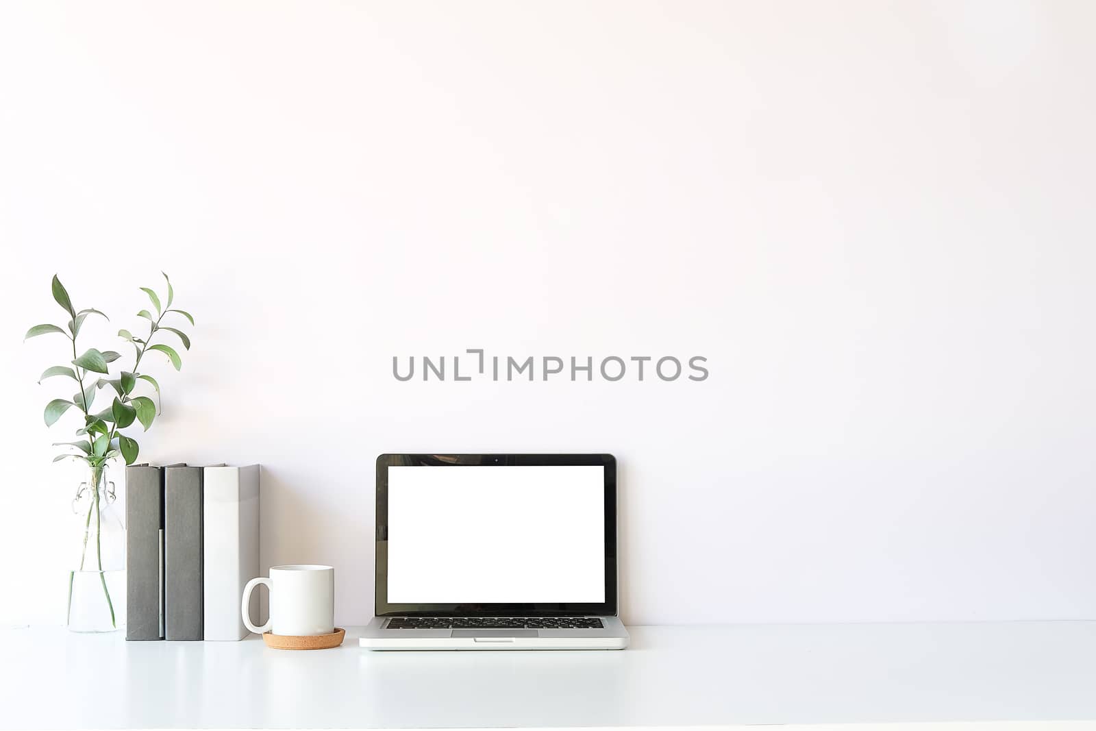 Workspace desk and laptop. copy space and blank screen. Business image, Blank screen laptop and supplies.