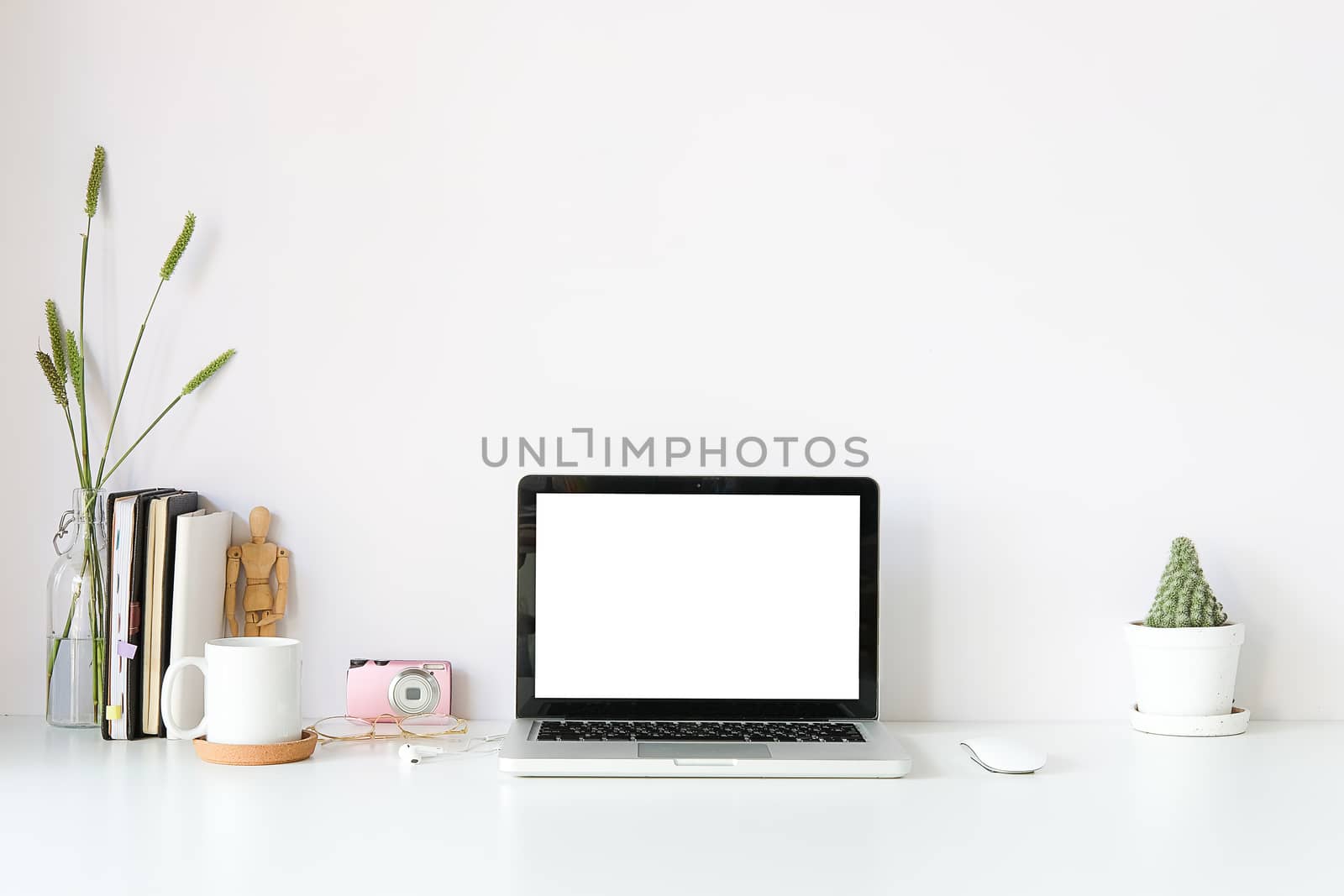 Workspace desk and laptop. copy space and blank screen. Business image, Blank screen laptop and supplies.