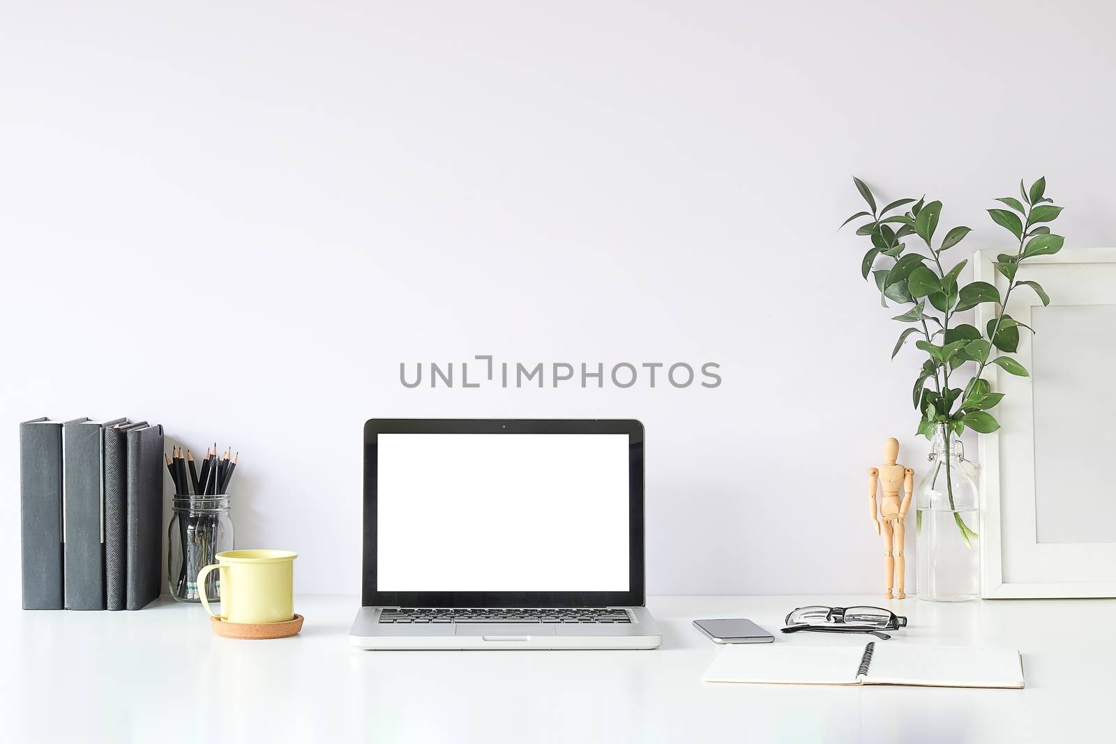 Workspace desk and laptop. copy space and blank screen. Business image, Blank screen laptop and supplies.