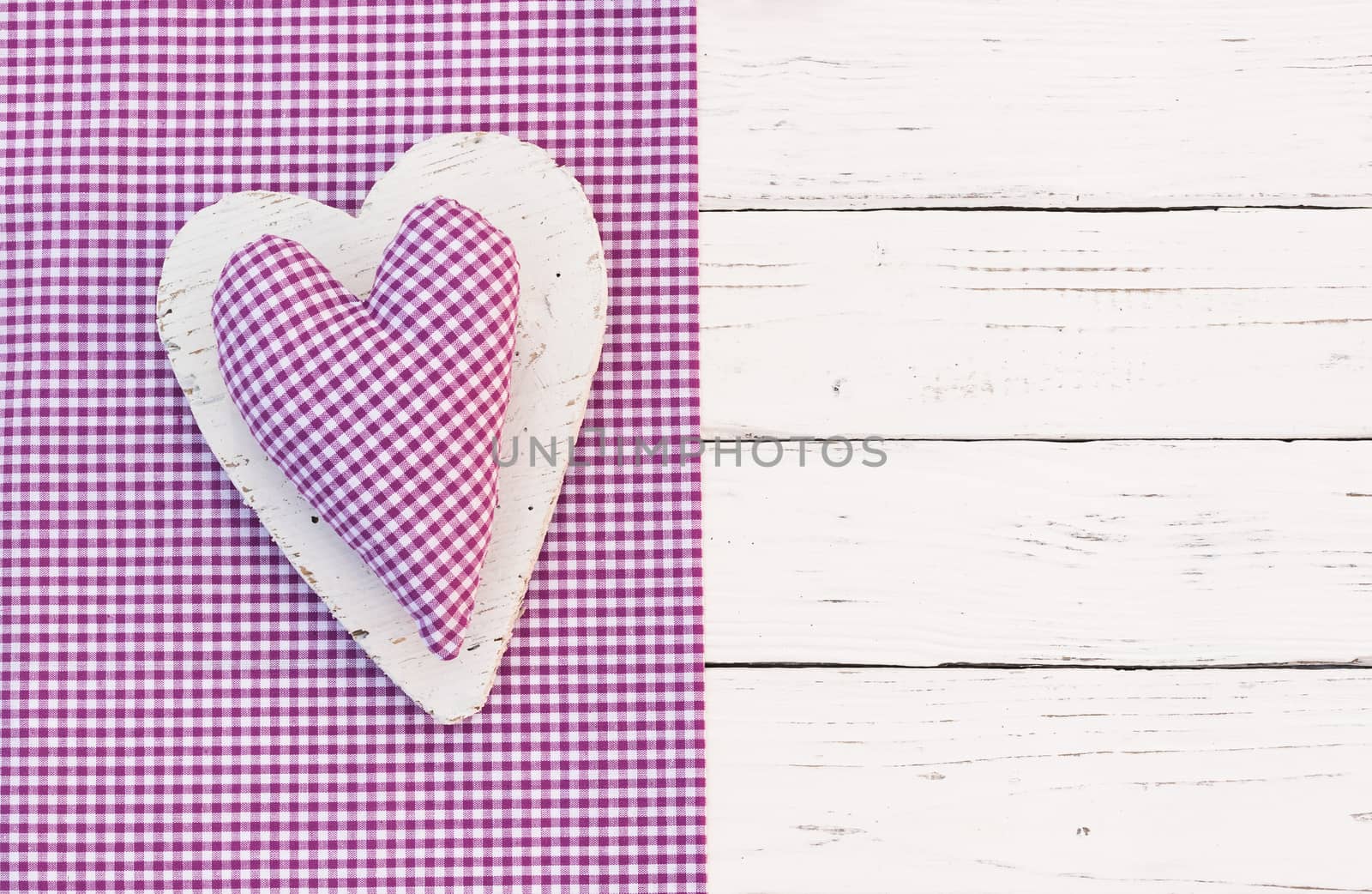 Romantic rustic heart purple on white wood background with copy space