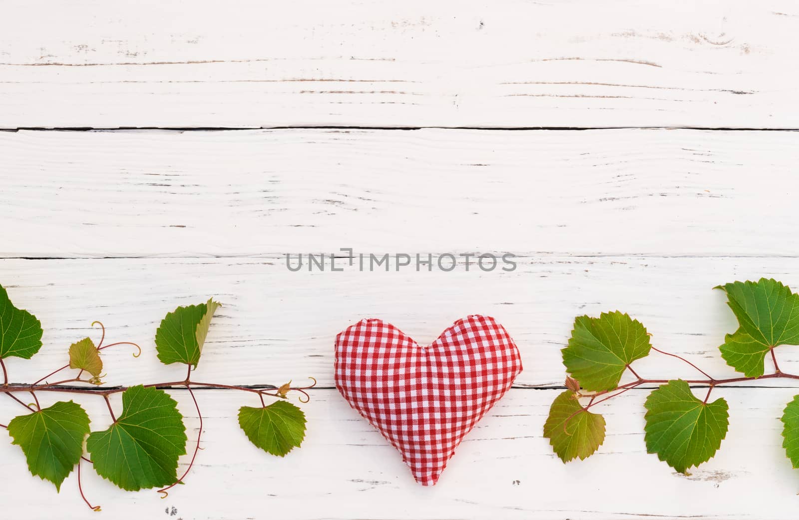 Green vine leaves with red heart on white wooden table with copy space