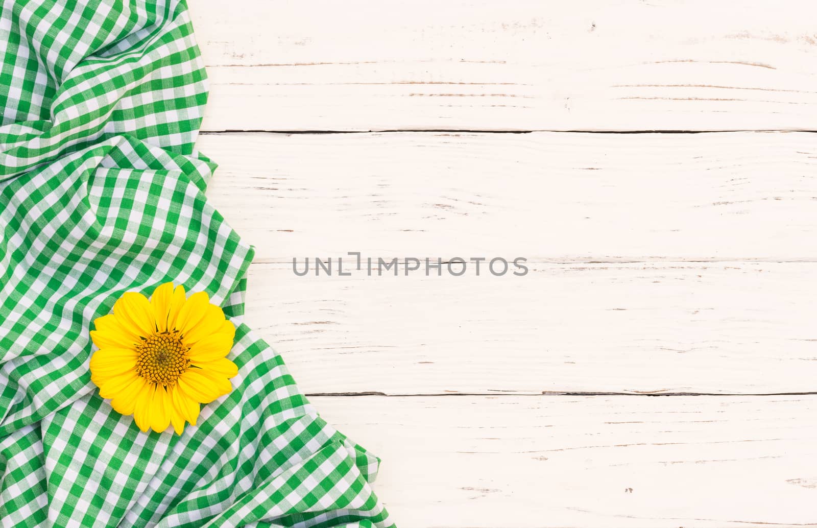 Green checked tablecloth with blossom on white wooden background with copy space
