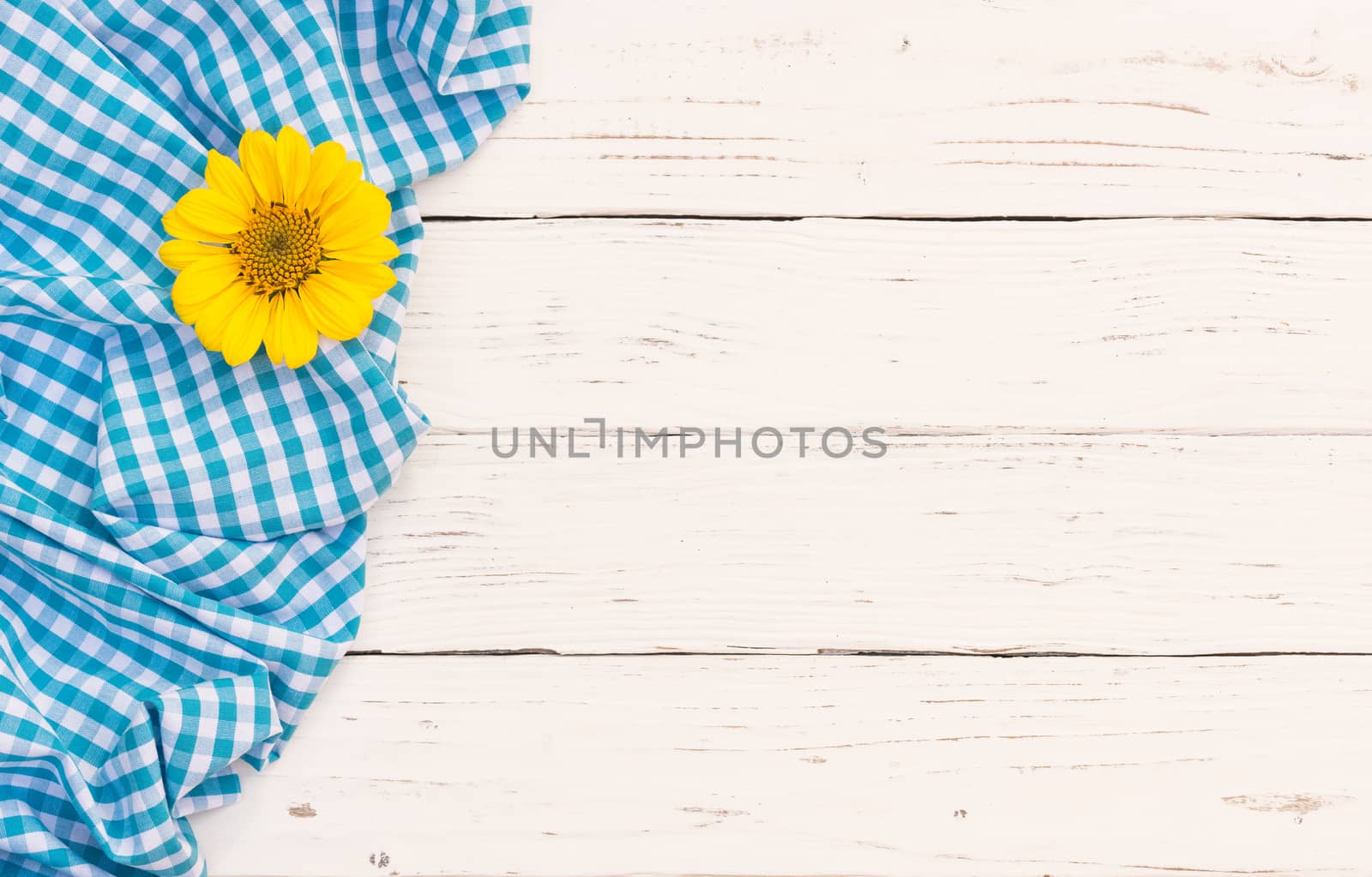 Blue checked tablecloth with blossom on white wooden background with copy space