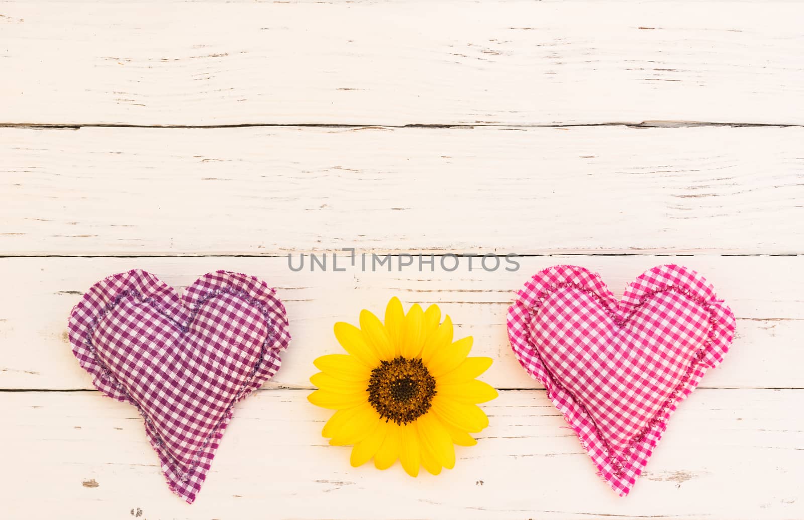 Pink and purple heart with yellow flower border on white background with copy space