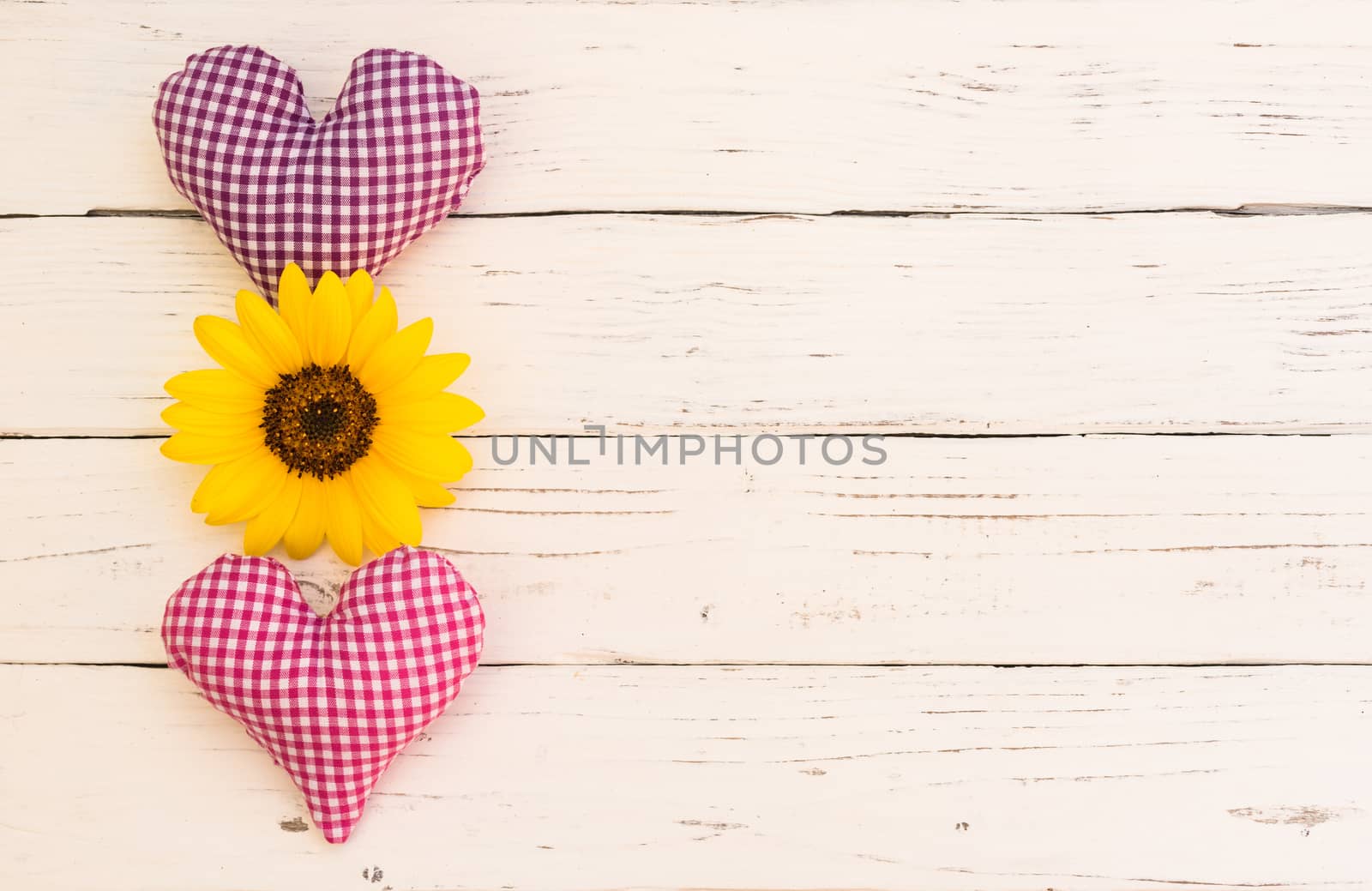 Romantic Valentine card with hearts and yellow blossom on white wood background