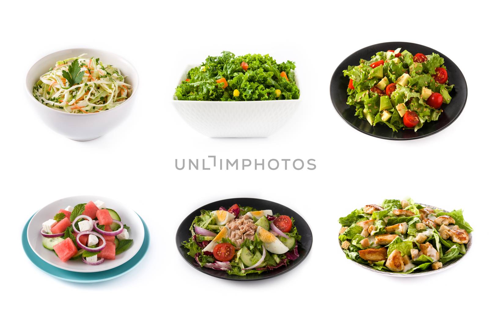 Assortment of different salads collage