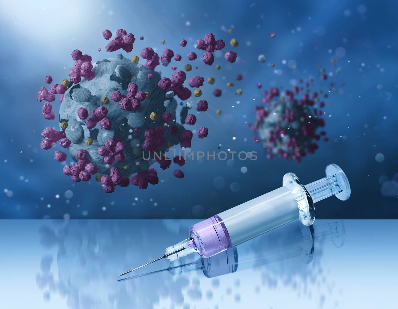 Corona viruses falling to pieces vaccine needle antidote by anterovium