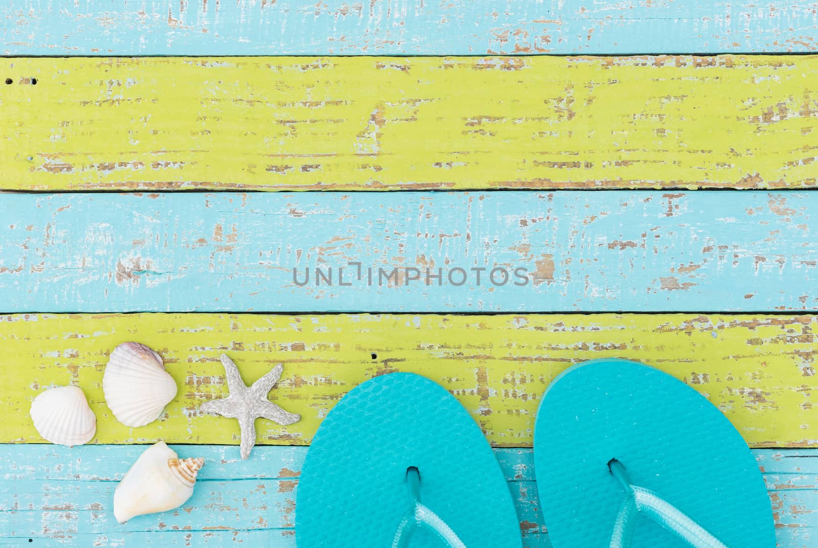 Summer sandals beach holiday travel background with copy space