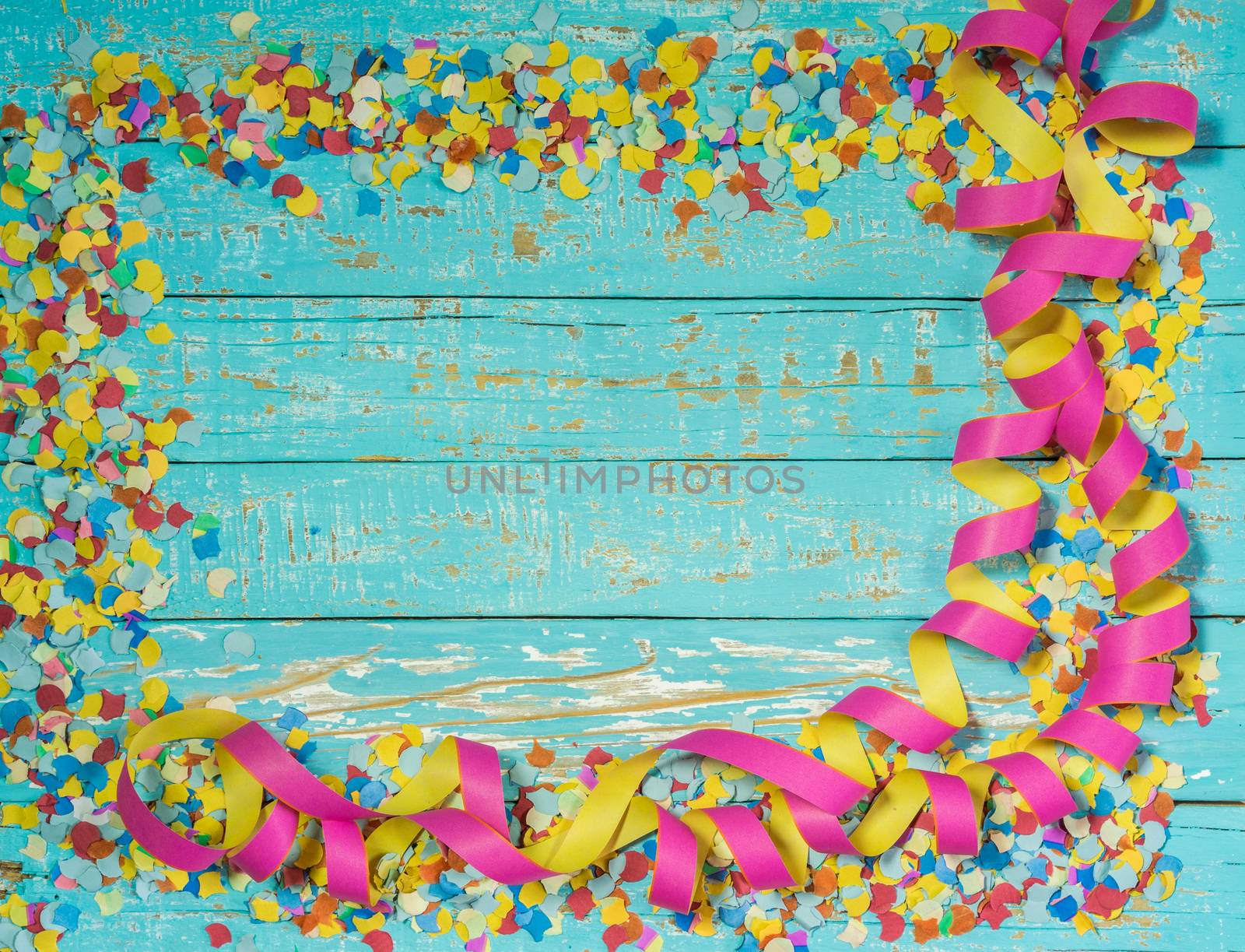 Streamers and confetti decoration for party, birthday or carnival celebration background