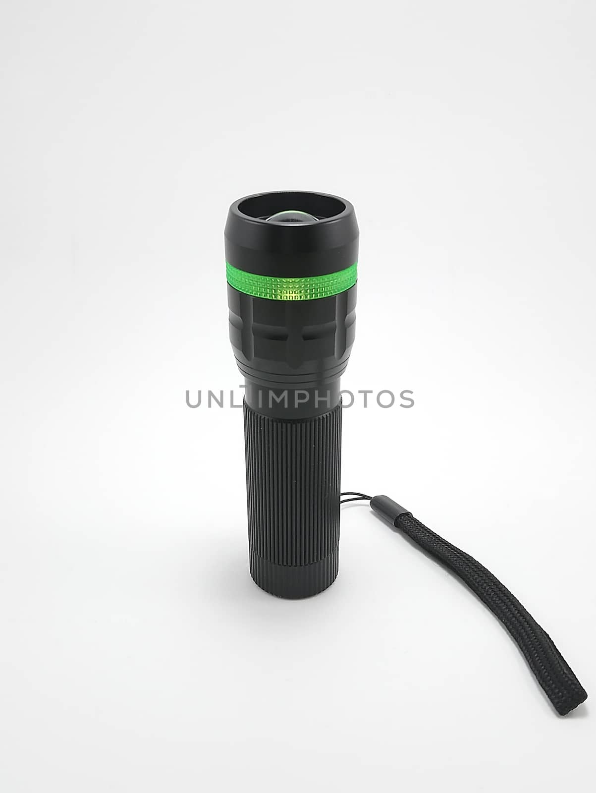 Black portable light emitting diode battery operated flashlight with hand strap