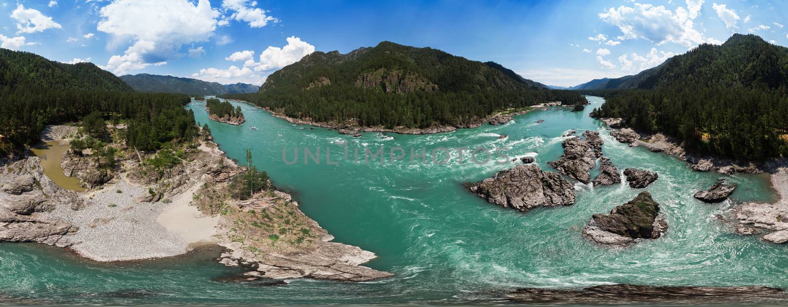 Full 360 equirectangular spherical panorama of Aerial view of Katun river, in summer morning in Altai mountains, drone shot. Virtual reality content