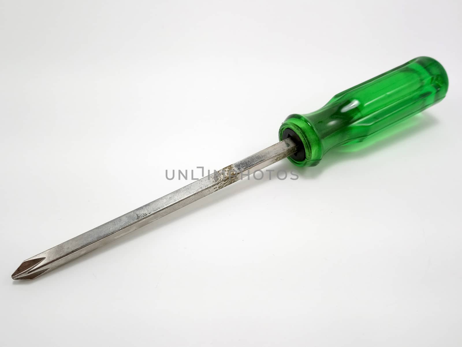 Green handle long metal shaft cross head screwdriver