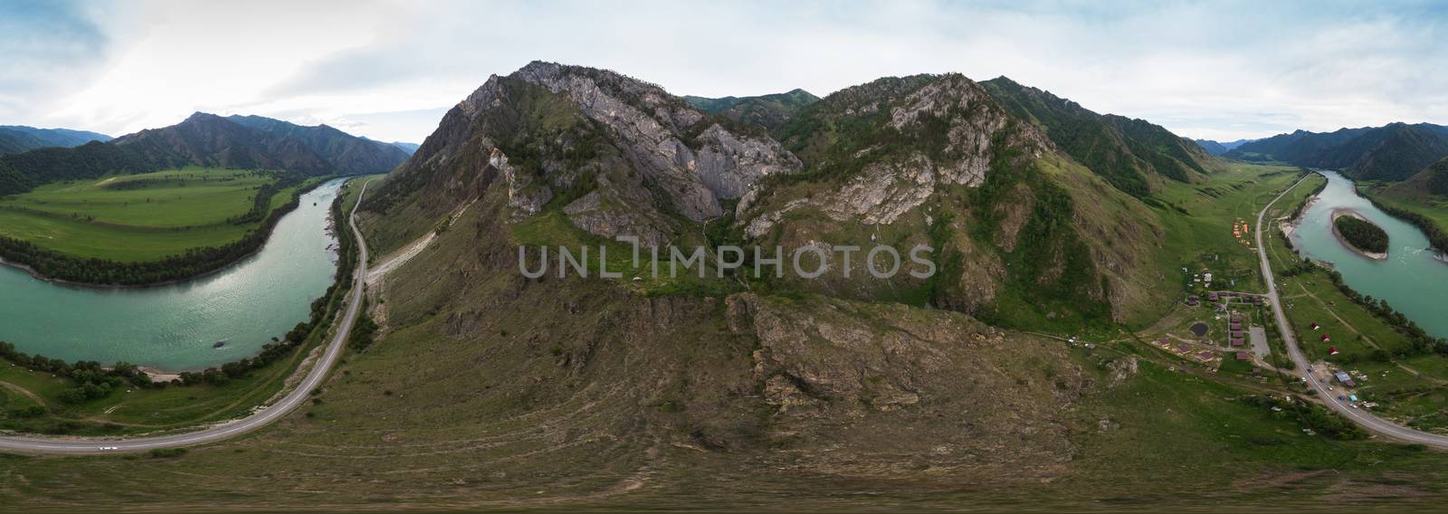 Full 360 equirectangular spherical panorama of beauty day in the mountains in Altay. Road, river and mountains. Aerial shot on drone. Virtual reality content