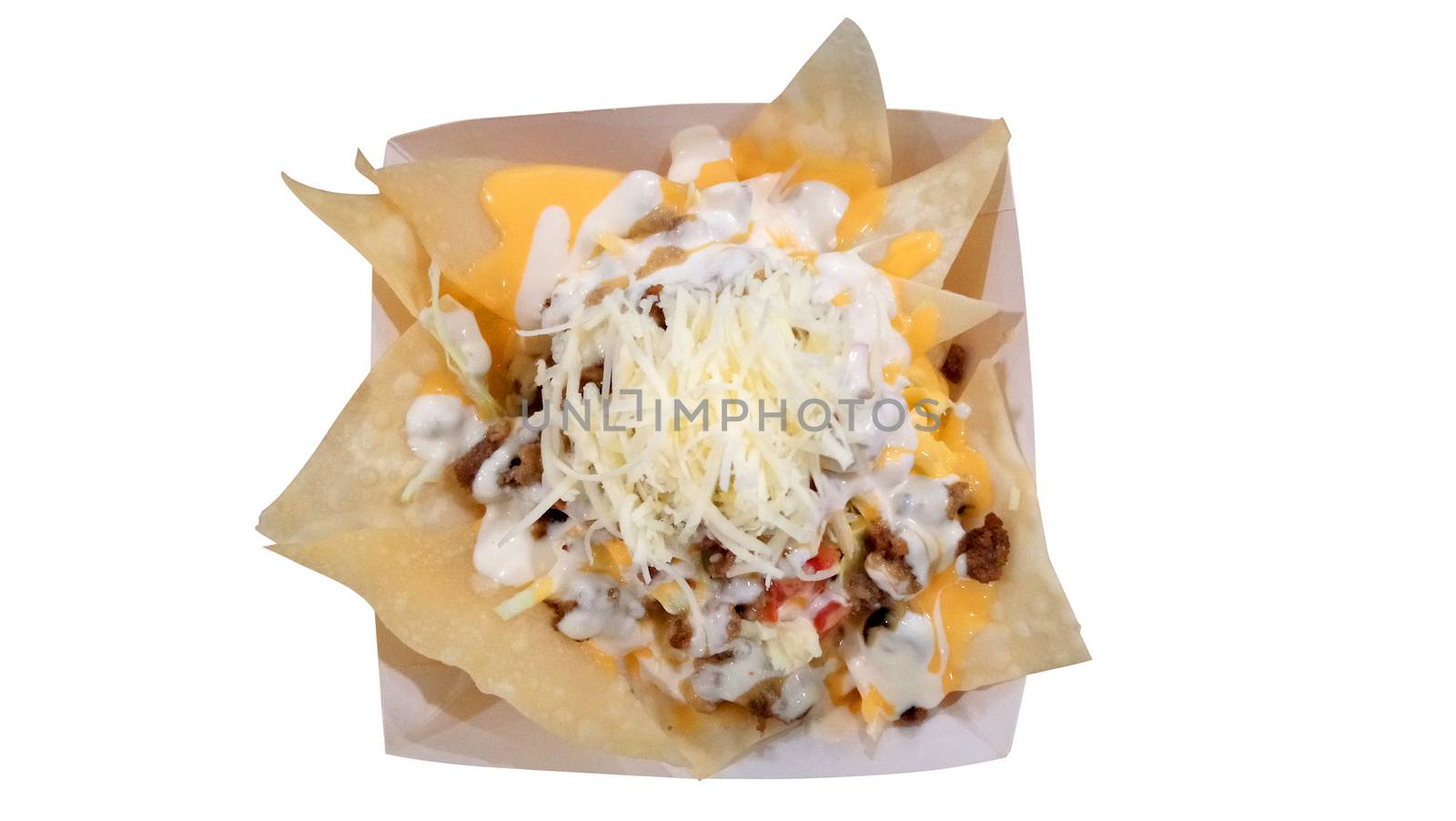 Nacho taco chips with ground beef, cheese, sauce, and tomatoes by imwaltersy