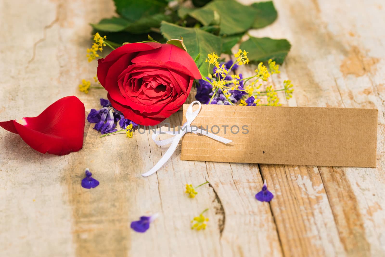 Beautiful red rose flower and blank label on rustic wooden table