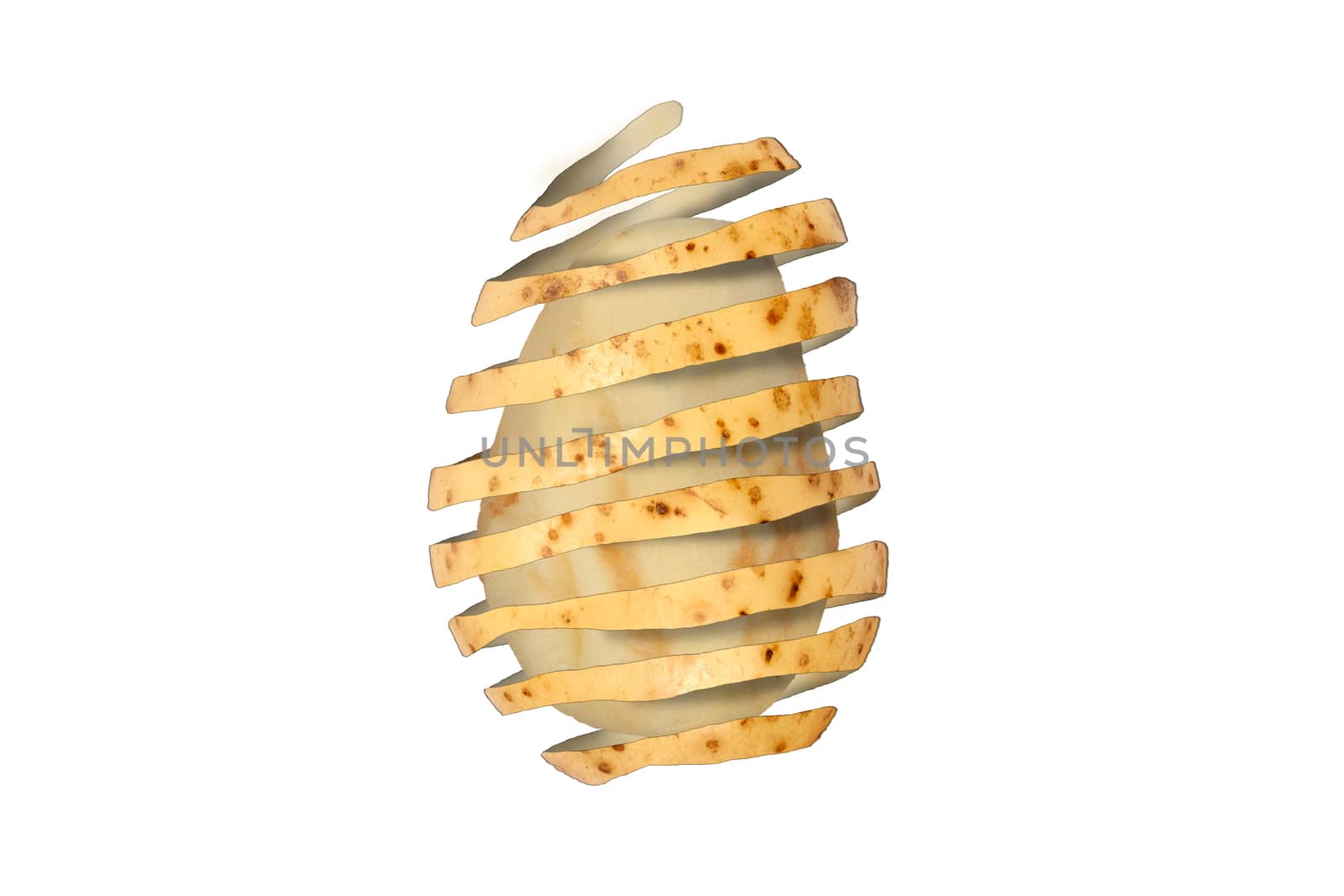 Surreal abstract composite image of how to peel a potato cut out and isolated on a white background