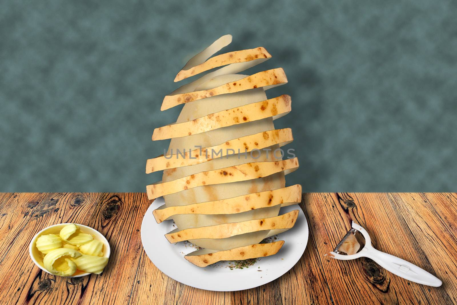 Surreal abstract composite image of how to peel a potato
