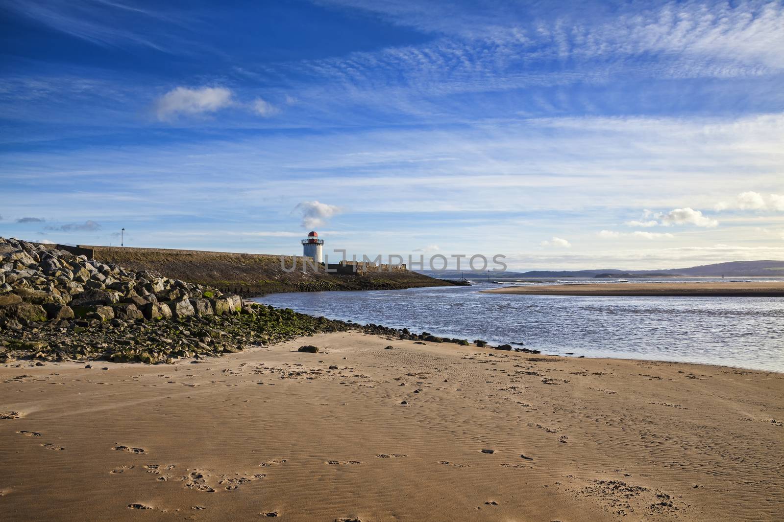 Georgian Lighthouse on the Burry Port coast Carmarthenshire Wales near the Gower Peninsula at the Loughor Estuary