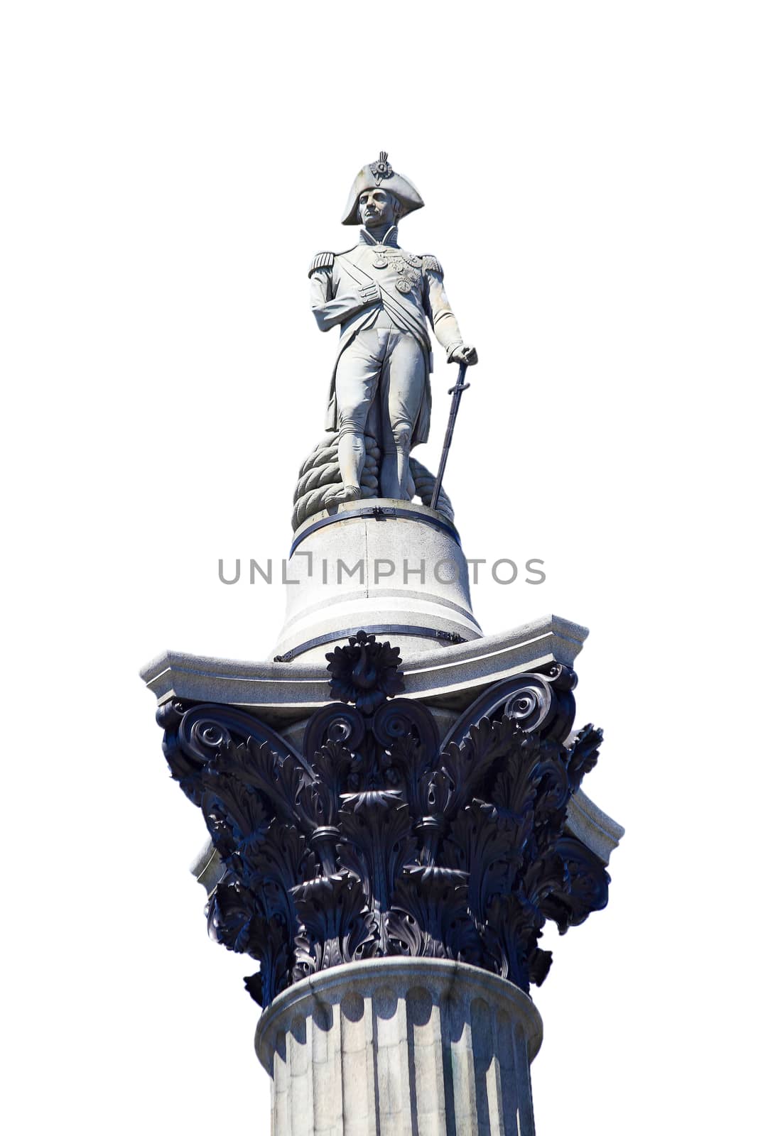 Nelson’s Column in the centre of Trafalgar Square London, England UK cut out and isolated on a white background