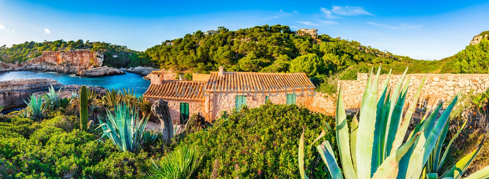 Idyllic panorama view of Cala S'Almunia, beautiful coast of Mallorca island, Spain Mediterranean Sea
