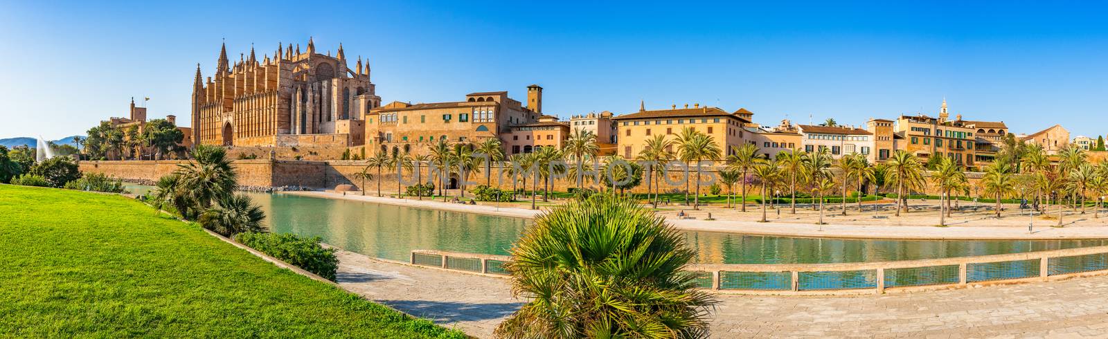 Panoramic view of Palma de Mallorca historic city center with Cathedral La Seu
