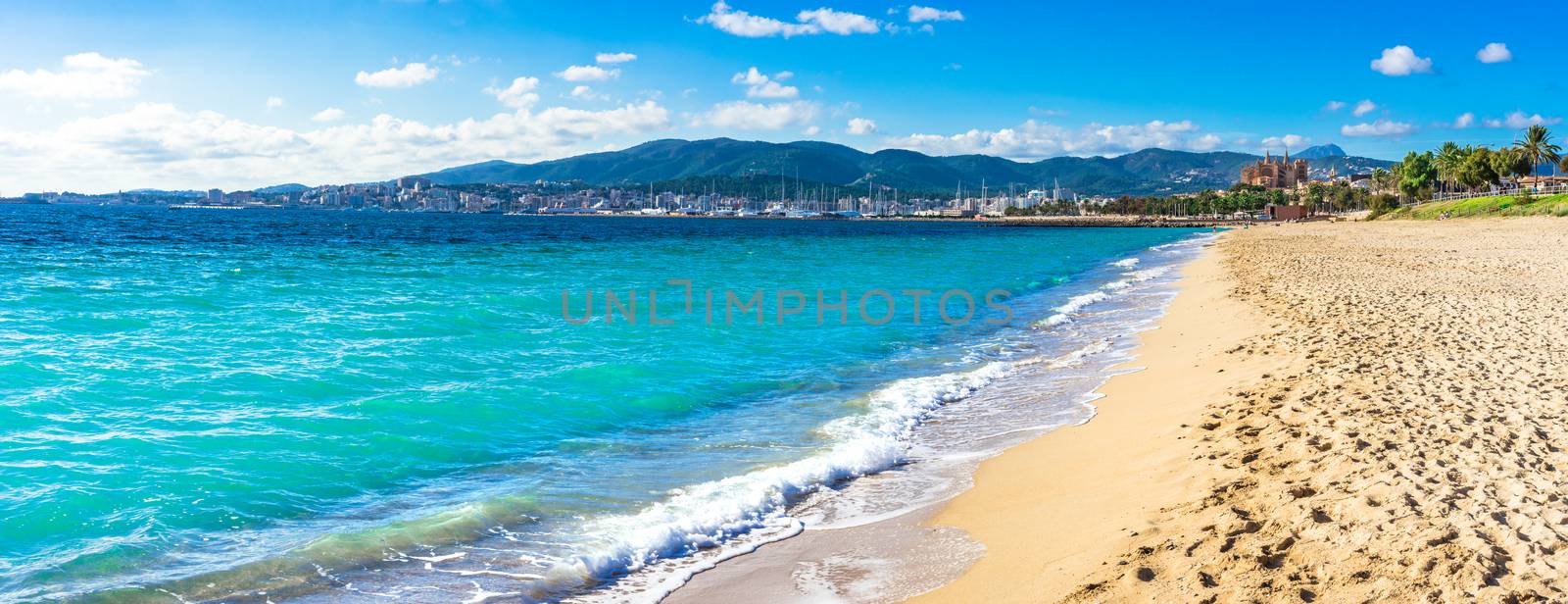 Palma de Majorca seaside beach panorama, Spain Mediterranean Sea, Balearic Islands