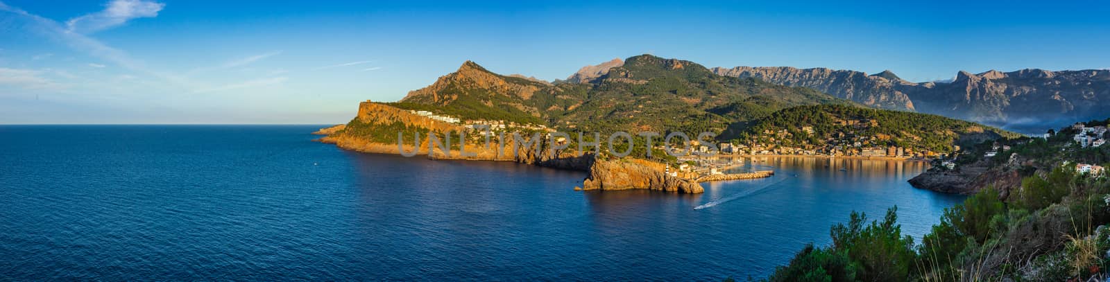 Panorama view of Port de Soller Mallorca island, Mediterranean Sea Spain, Balearic Islands