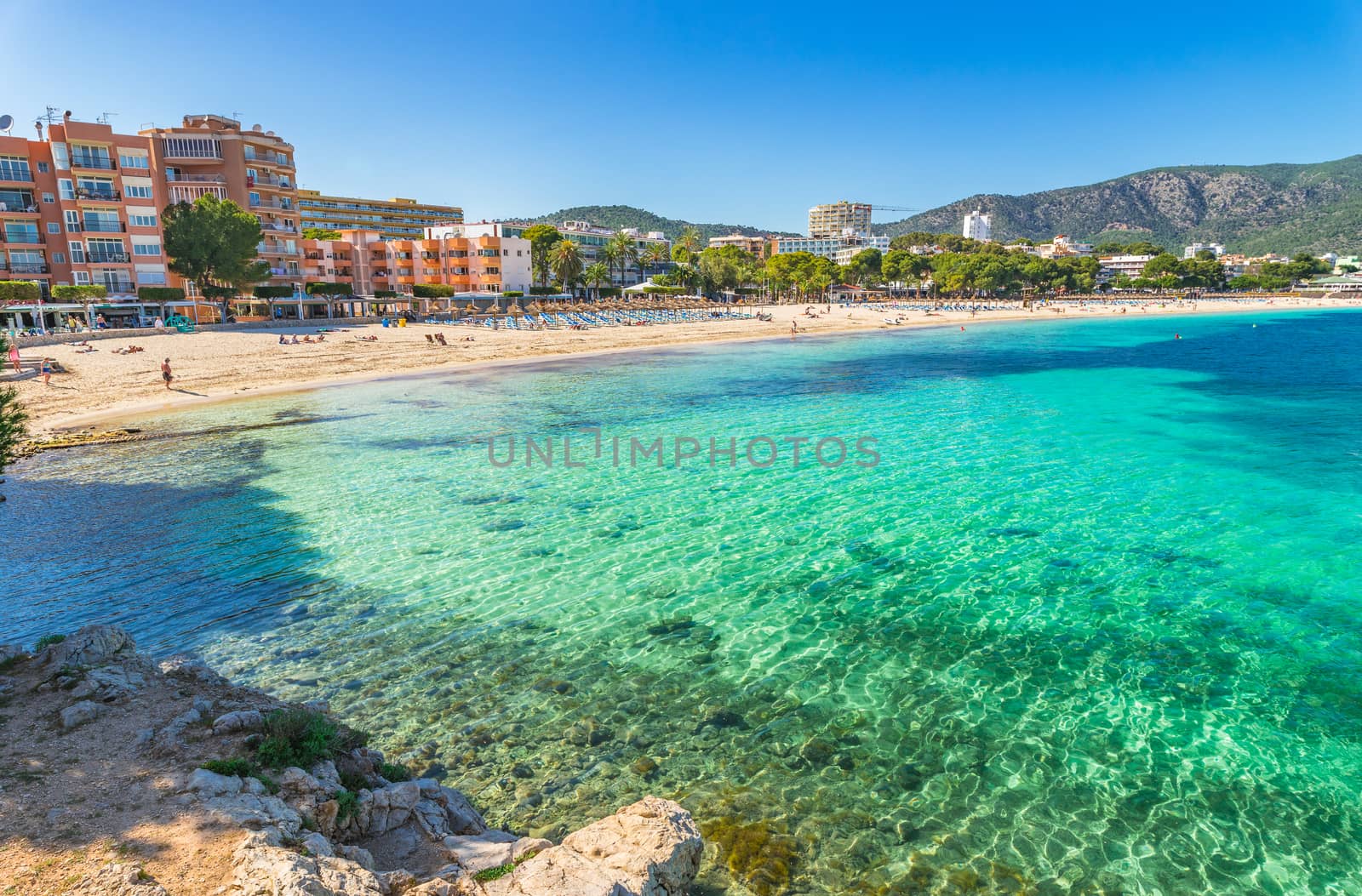Beach Majorca tourist resort seaside coast in Palmanova, Spain Mediterranean Sea, Balearic Islands