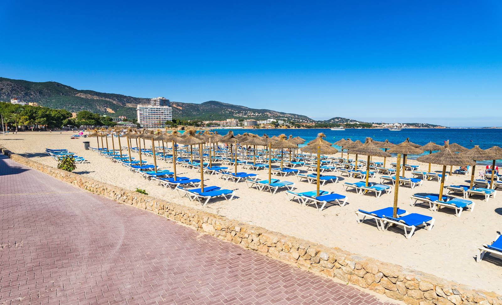 Sand beach Platja de Palmanova on Mallorca, seaside beach tourist resort, Spain Mediterranean Sea