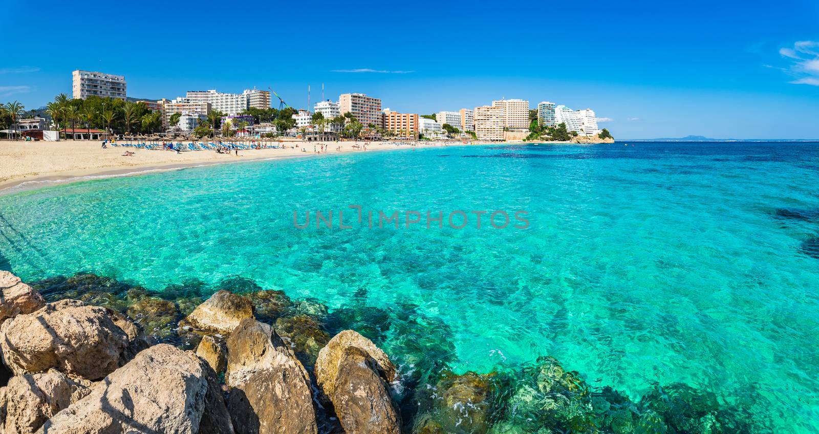 View of beach Platja de Magaluf at seaside of Mallorca, Mediterranean Sea Spain