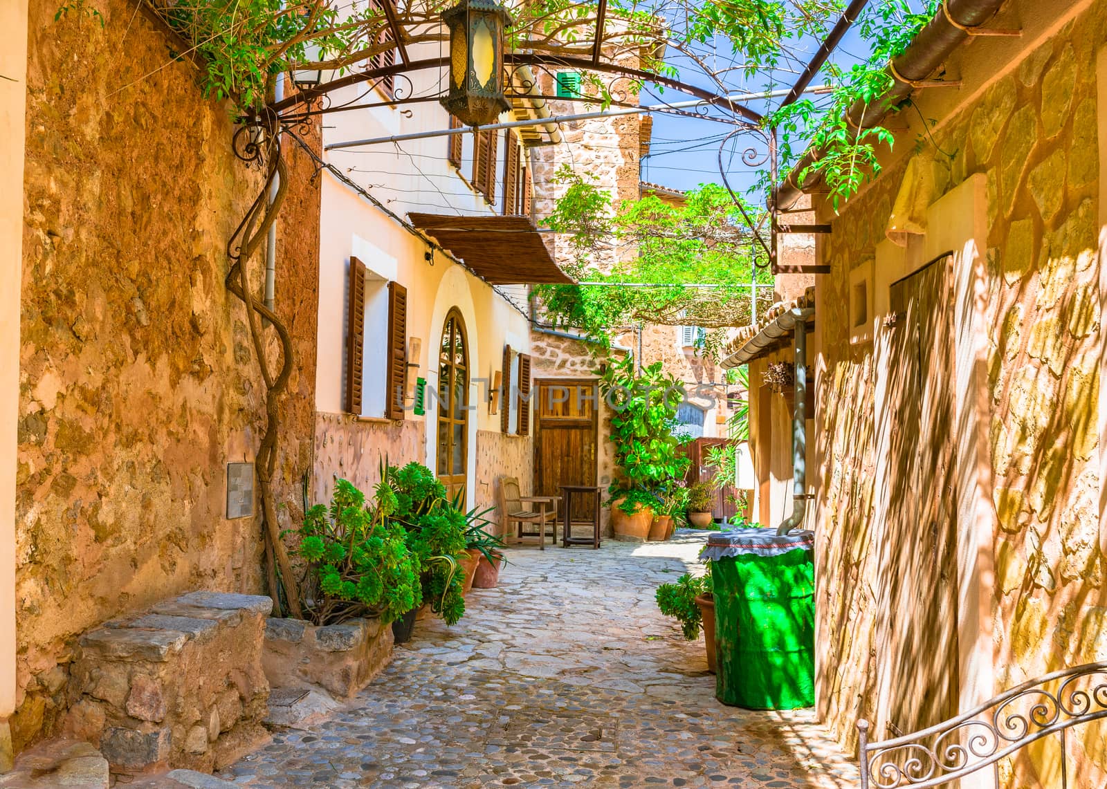 Beautiful mediterranean garden with path to rustic stone house