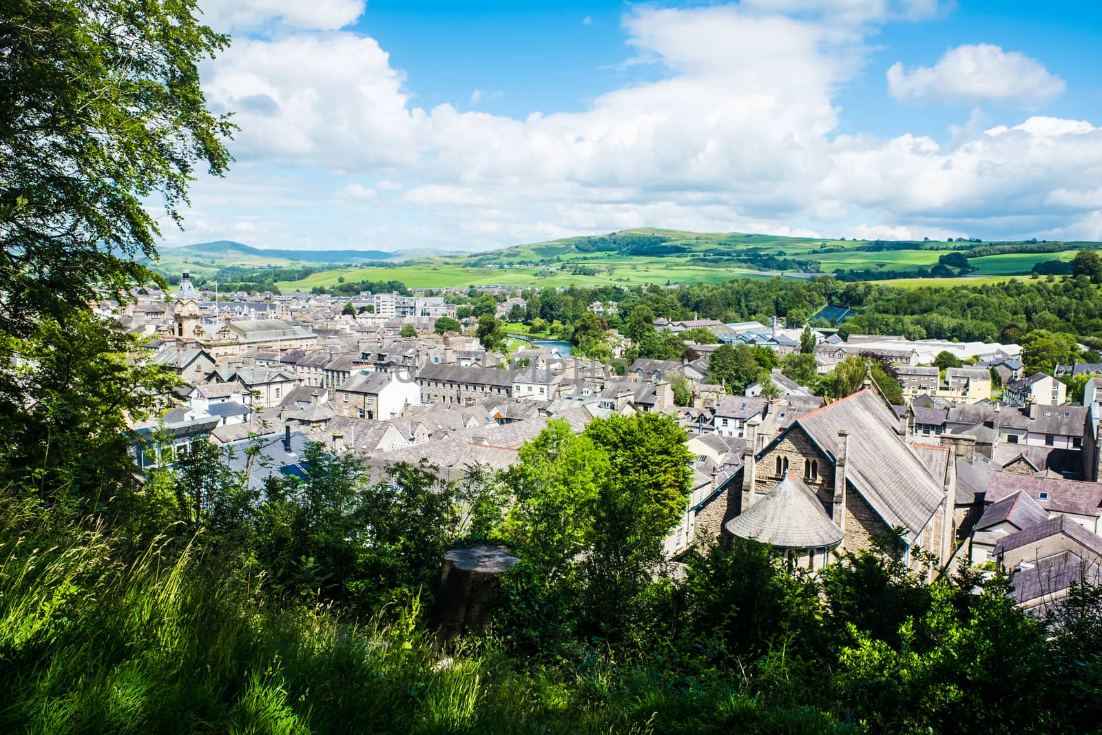 Aerial view of Kendal town centre and blue sky Cumbria, UK by paddythegolfer