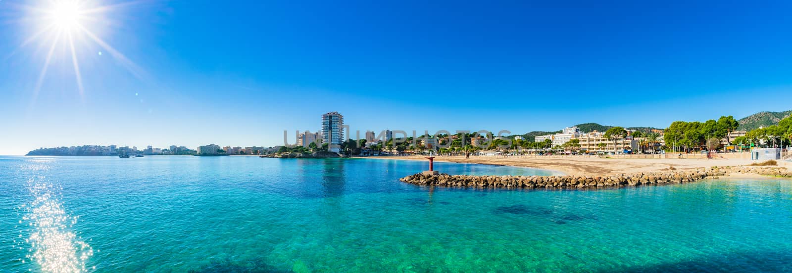 Panorama view of tourist resort beach of Platja Palmanova on Mallorca island, Spain Mediterranean Sea